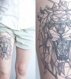 geometric lion thigh tattoo by diana katsko