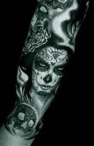 Woman and skull scary tattoo