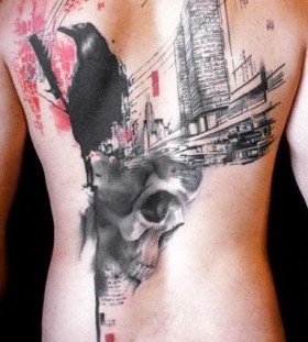 black crow city and skull tattoo on back by klaim