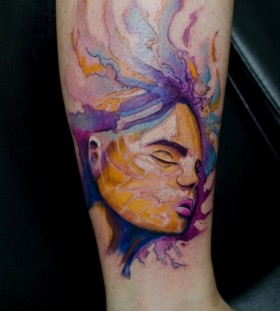 watercolor girl face tattoo by klaim