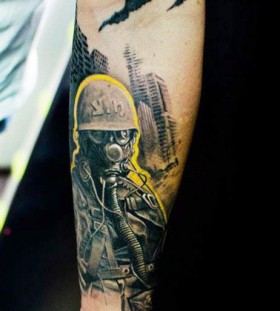 yellow contoured soldier with gas mask tattoo by klaim