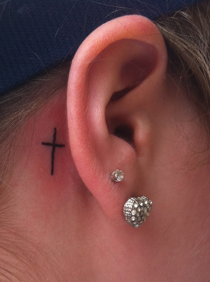 Small Cross Tattoo Behind Ear