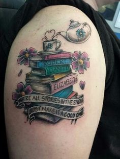 Womderful tattoo of books and cup
