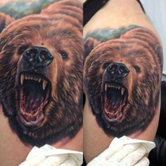 3D style, realistic bear tattoo on shoulder