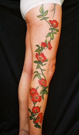 Amazing red rose full leg tattoo