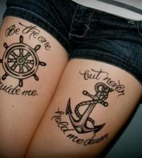 Anchor and lovely black quote tattoo on leg