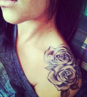 Black and white girl rose tattoo on shoulder