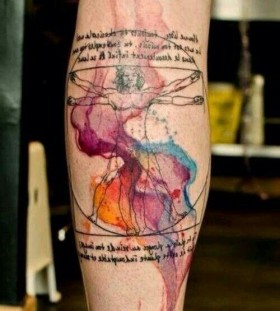 Colorful black quote tattoo on leg