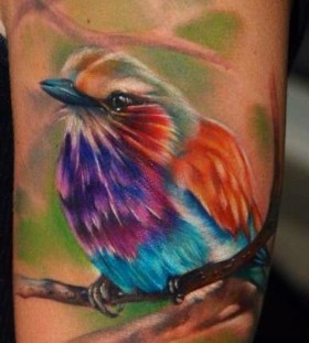 Colorful simple bird tattoo on arm
