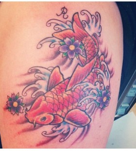 Purpel flower and red fish tattoo on leg