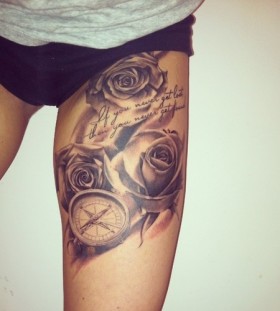 Watch, quite and rose tattoo on leg
