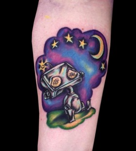 Purple stars and moon robbot tattoo