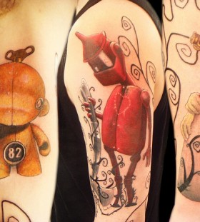Red and yellow robbot tattoo