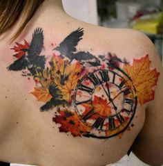 autumn leaves with birds and clock tattoo