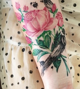 pink peony leg tattoo