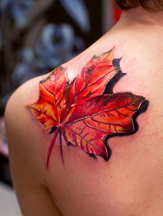 3D Autum leaf on shoulder tattoo