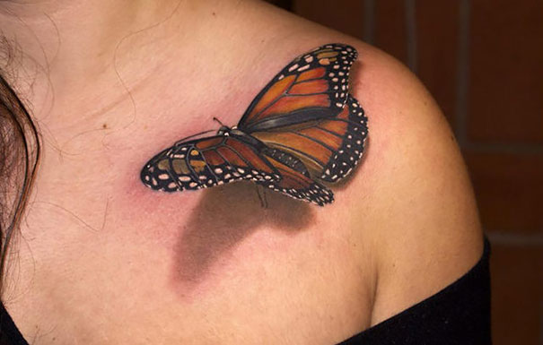 3D butterfly on shoulder tattoo