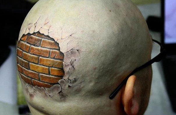 3D hidden brik wall on head tattoo