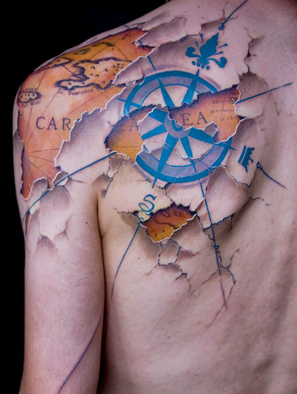 3D hidden map shoulder tattoo
