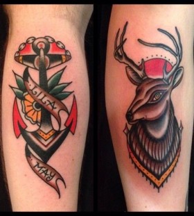 Anchor and deer tattoos by Nick Oaks