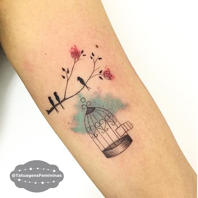 bird and bird cage tattoo by carlagalvaotattoo