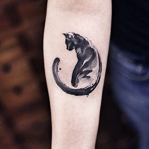 Black watercolor cat tattoo