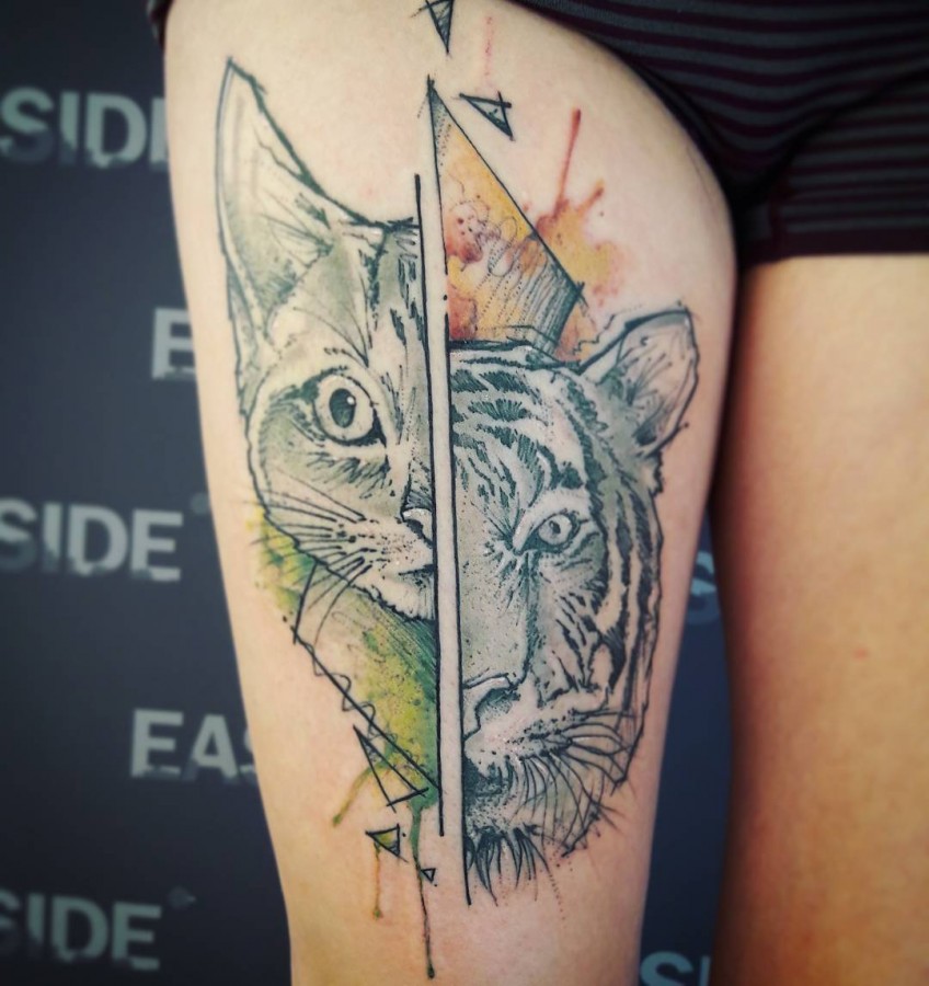 cat and tiger sketch style tattoo by flound_so