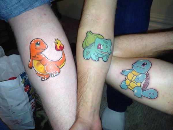 Charmander, Squirtle and Bulbassaur Pokemon tattoos