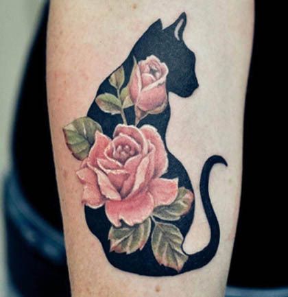Classy cat and rose tattoo