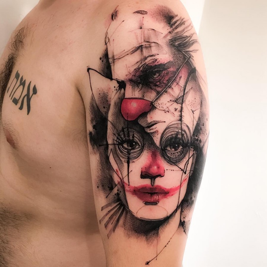 clown sketch style tattoo by victor montaghini