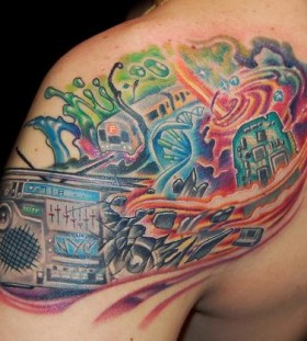Colourful boombox tattoo
