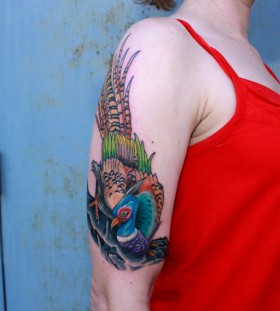Colourful pheasant arm tattoo