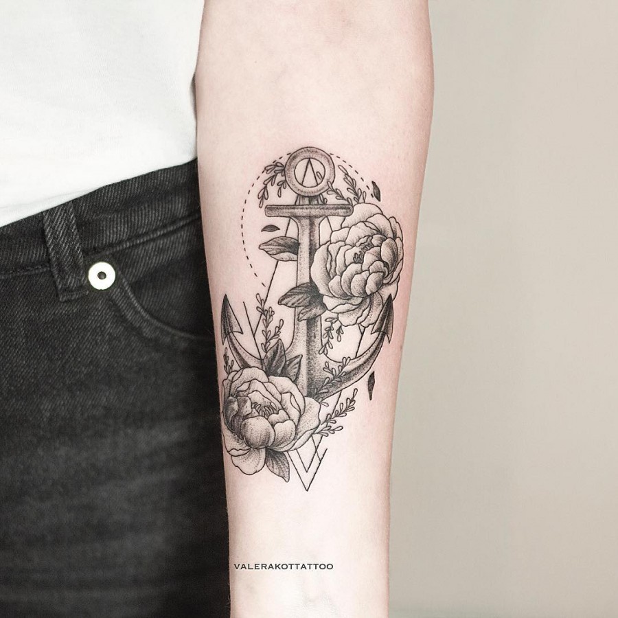 flower and anchor tattoo by valerakottattoo