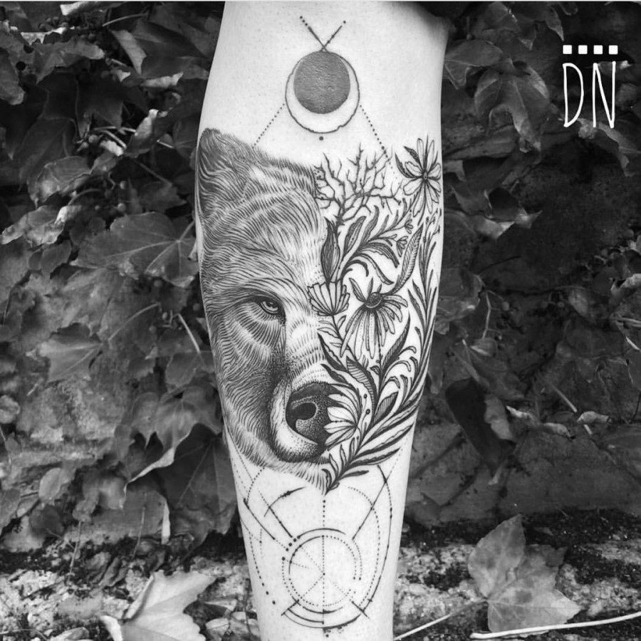 flowery bear tattoo by dinonemec