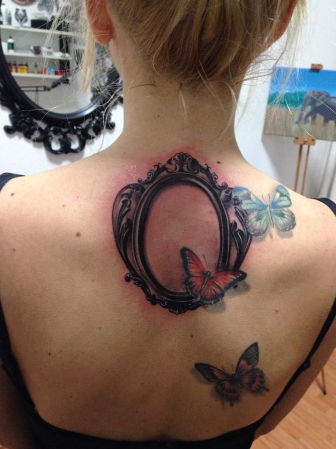 Frame and butterflies back tattoo by Razvan Popescu
