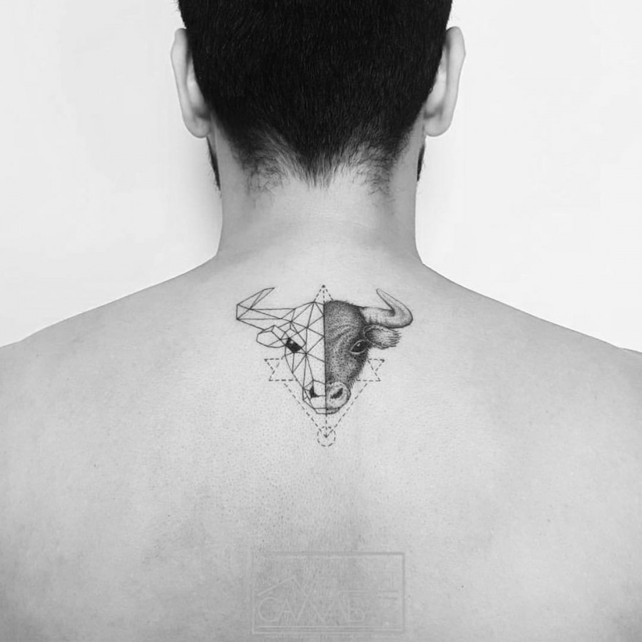geometric bull tattoo by ahmet cambaz