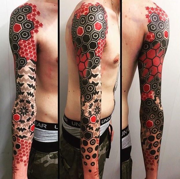 geometric sleeve tattoo by marcogaldotattoo