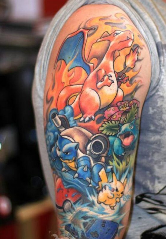 Half sleeve Pokemon tattoo