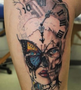 Lady skull clock tattoo