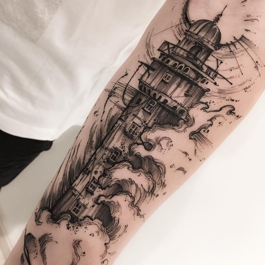 lighthouse sketch style tattoo by victor montaghini