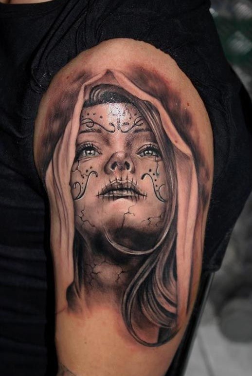 Santa Muerte tattoo, black and grey work