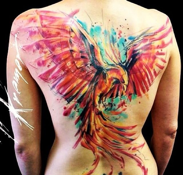 Phoenix tattoo watercolour on back