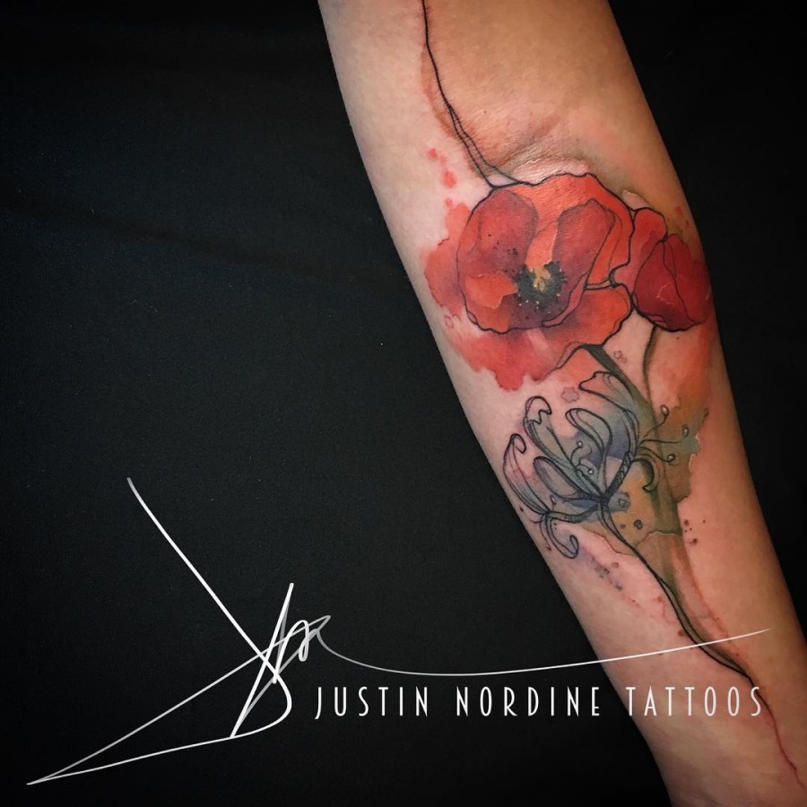 poppy and honeysuckle tattoo by justin nordine