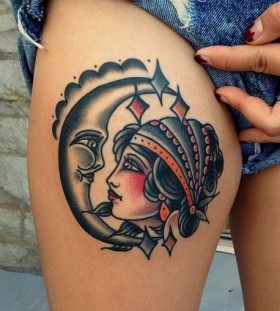 Pretty moon and woman tattoo by Nick Oaks