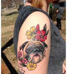 Pug and flowers tattoo by Amanda Leadman