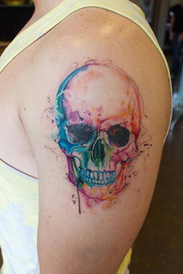 Rainbow Water Color Skull Tattoo