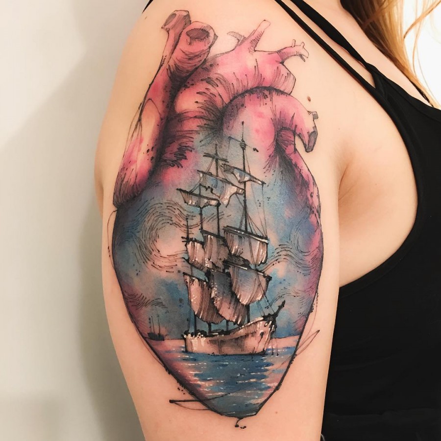ship sketch style tattoo by victor montaghini