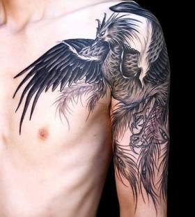 Simple shoulders tribal bird tattoo