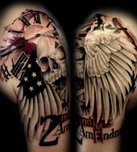 Skull and clock and american flag tattoo