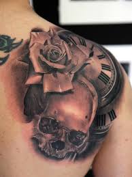 Skull clock and rose tattoo